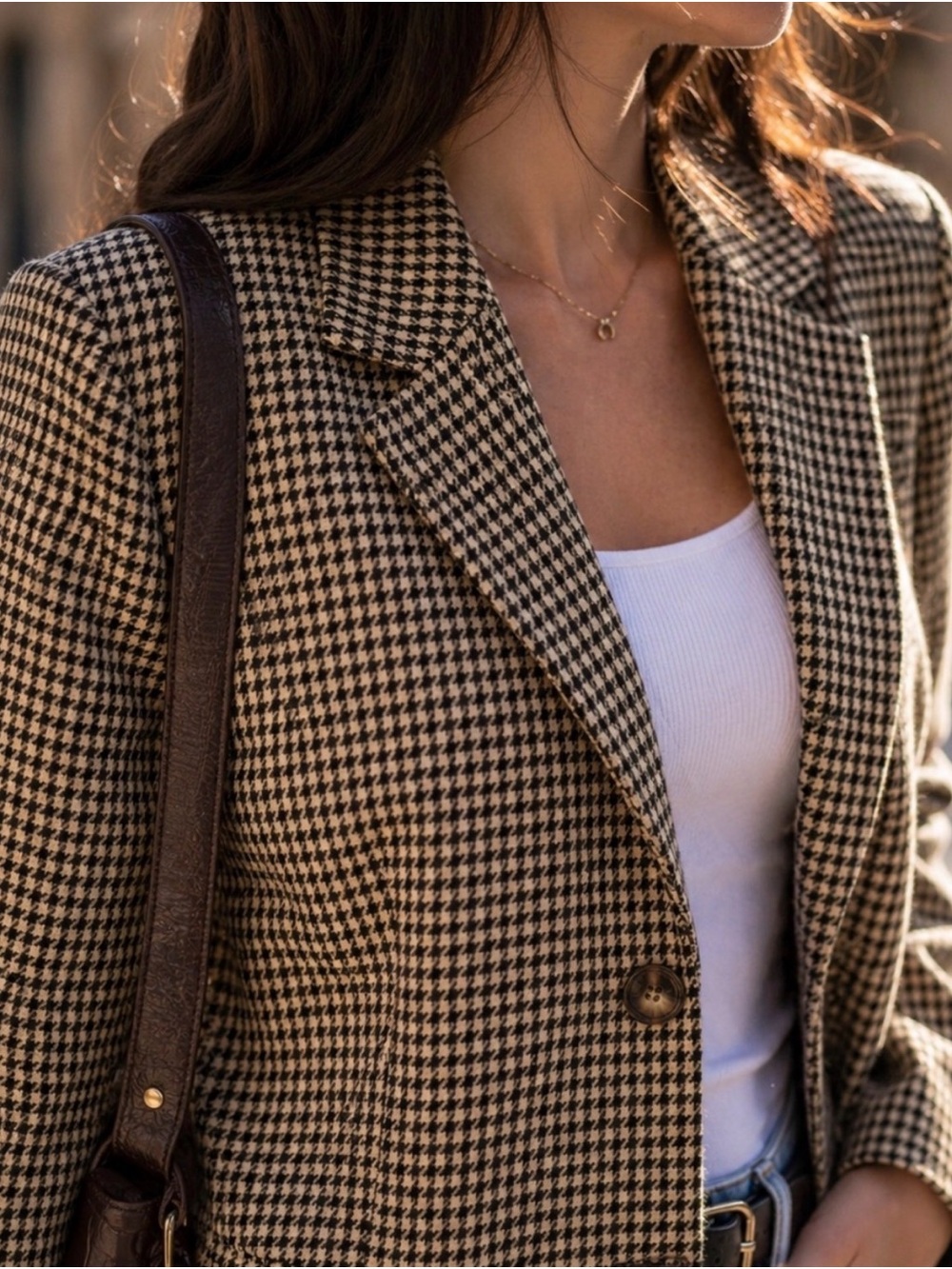 ICHI Oversized Houndstooth Blazer Jacket Black Cream Size 42 US 12 Relaxed Fit